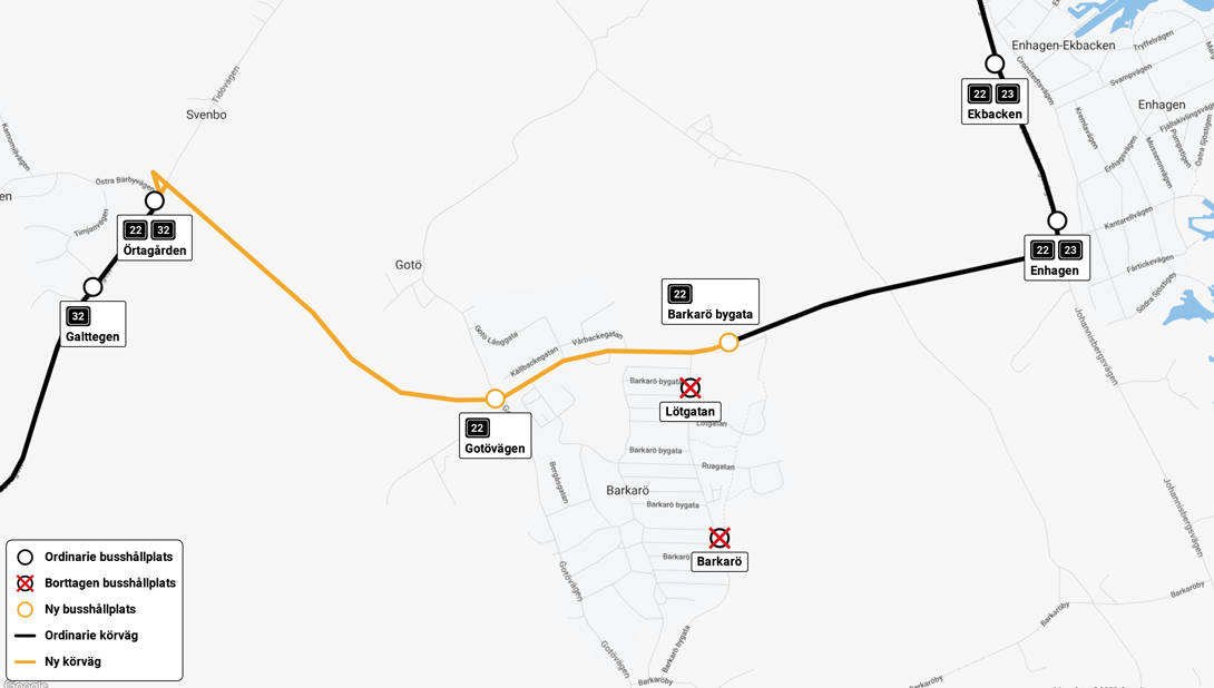 Kartan visar de nya k&ouml;rv&auml;garna f&ouml;r linjerna 22 och 32 vid h&aring;llplats &Ouml;rtag&aring;rden.