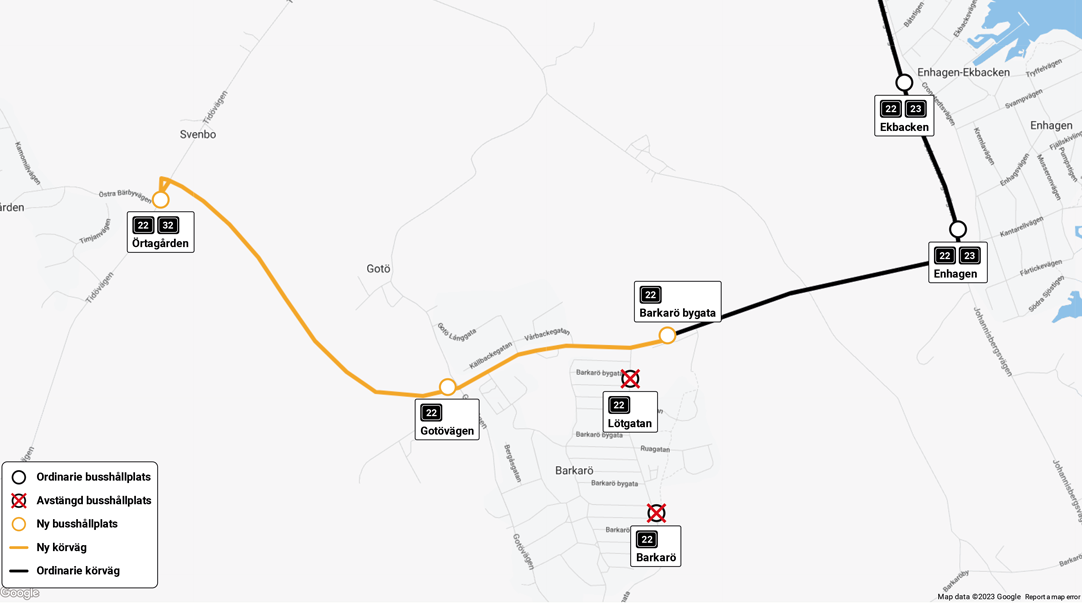 Karta &ouml;ver den nya k&ouml;rv&auml;gen mot &Ouml;rtag&aring;rden f&ouml;r linje 22