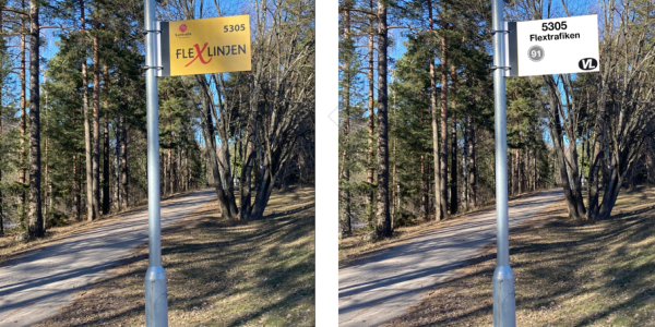 Kollage: Skylt f&ouml;r Flexlinjen och f&ouml;r flextrafiken.